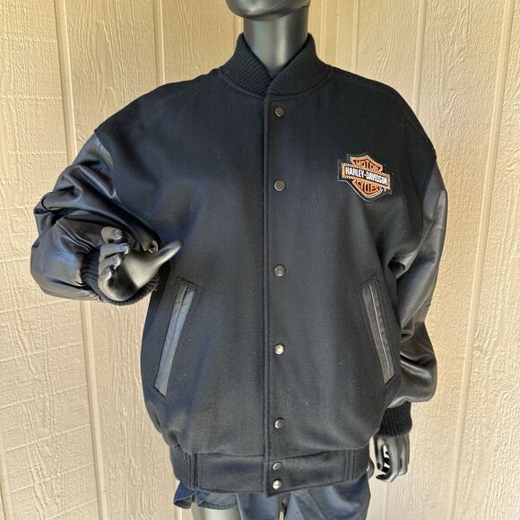 Harley Davidson‎ Bomber Jacket Womens Size XXL Wool Leather Motorcycle Black